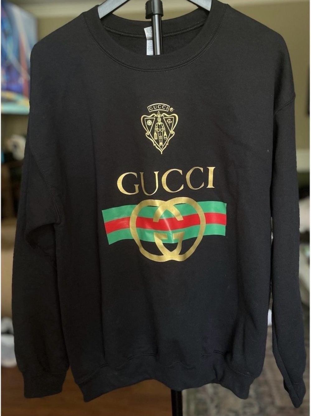 Gildan Black Crewneck Sweatshirt with Gold Logo and Green-Red Stripe
